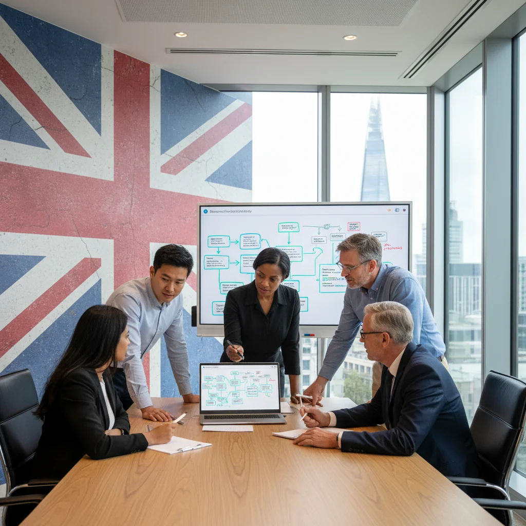 A photorealistic image depicting a diverse group of professional adults in a modern UK office setting, collaboratively reviewing a business continuity plan on a large screen, symbolizing preparedness and resilience for UK businesses, with no children present.