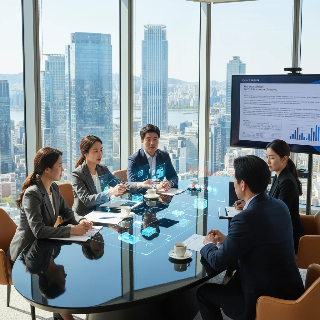 A photorealistic image of a diverse team of Korean business professionals in a modern office setting, collaboratively reviewing digital dashboards and contingency plans on large screens during a business continuity strategy meeting, symbolizing preparedness and resilience for Korean companies.