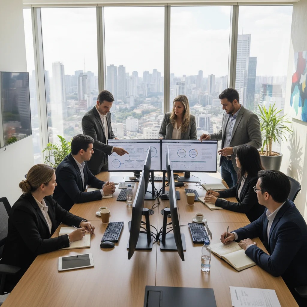 A photorealistic image depicting business continuity in a Brazilian corporate setting, showing a diverse team of professionals in a modern office in São Paulo, collaboratively reviewing digital dashboards on large screens to ensure operational resilience during a simulated crisis, with Brazilian flag elements in the background, conveying stability, preparedness, and recovery without any documents visible.