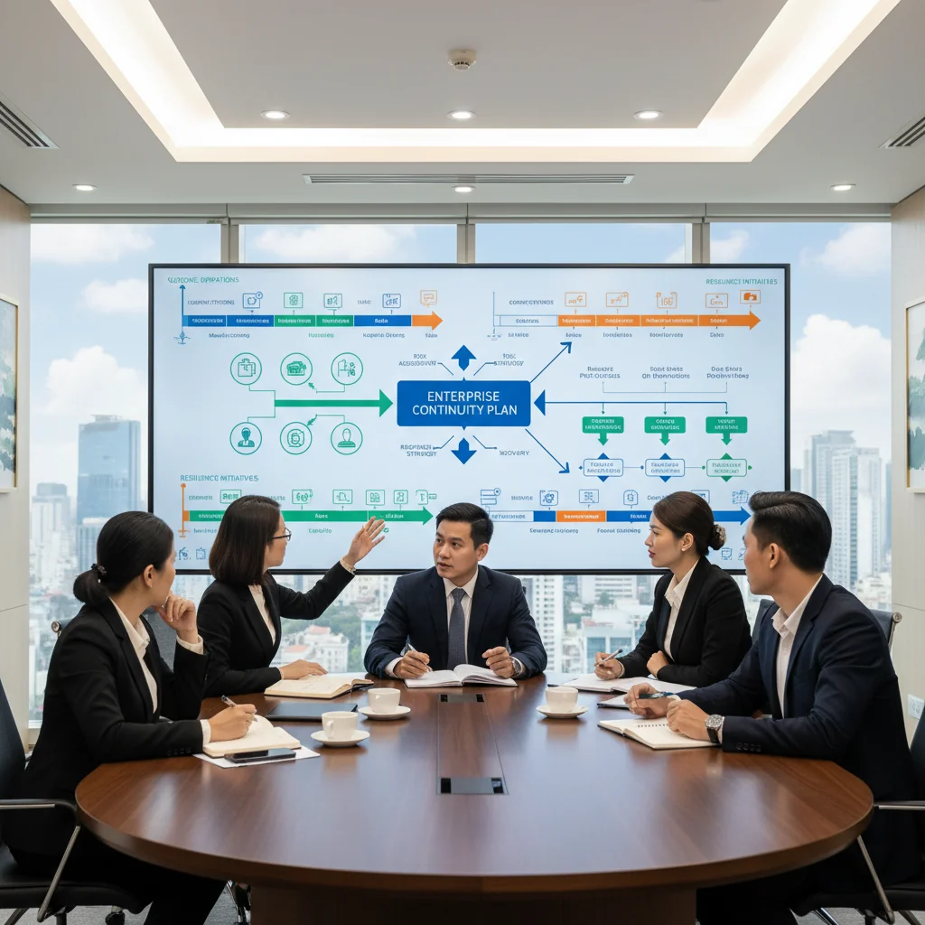 A photorealistic image of a professional Vietnamese business team in a modern office in Vietnam, collaboratively discussing a business continuity plan on a whiteboard, symbolizing strategic planning and resilience for enterprises, with diverse adult professionals engaged in a meeting, no children present.