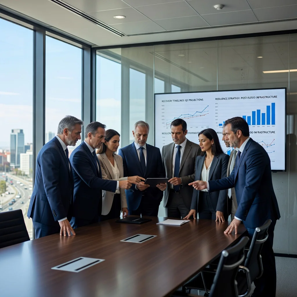 A photorealistic image depicting a diverse team of Spanish business professionals in a modern office setting, collaboratively reviewing recovery plans on a large digital screen after a simulated disaster like a cyber attack or natural event, symbolizing effective disaster recovery strategies for Spanish companies, with elements of resilience such as rising from challenges, no children present.