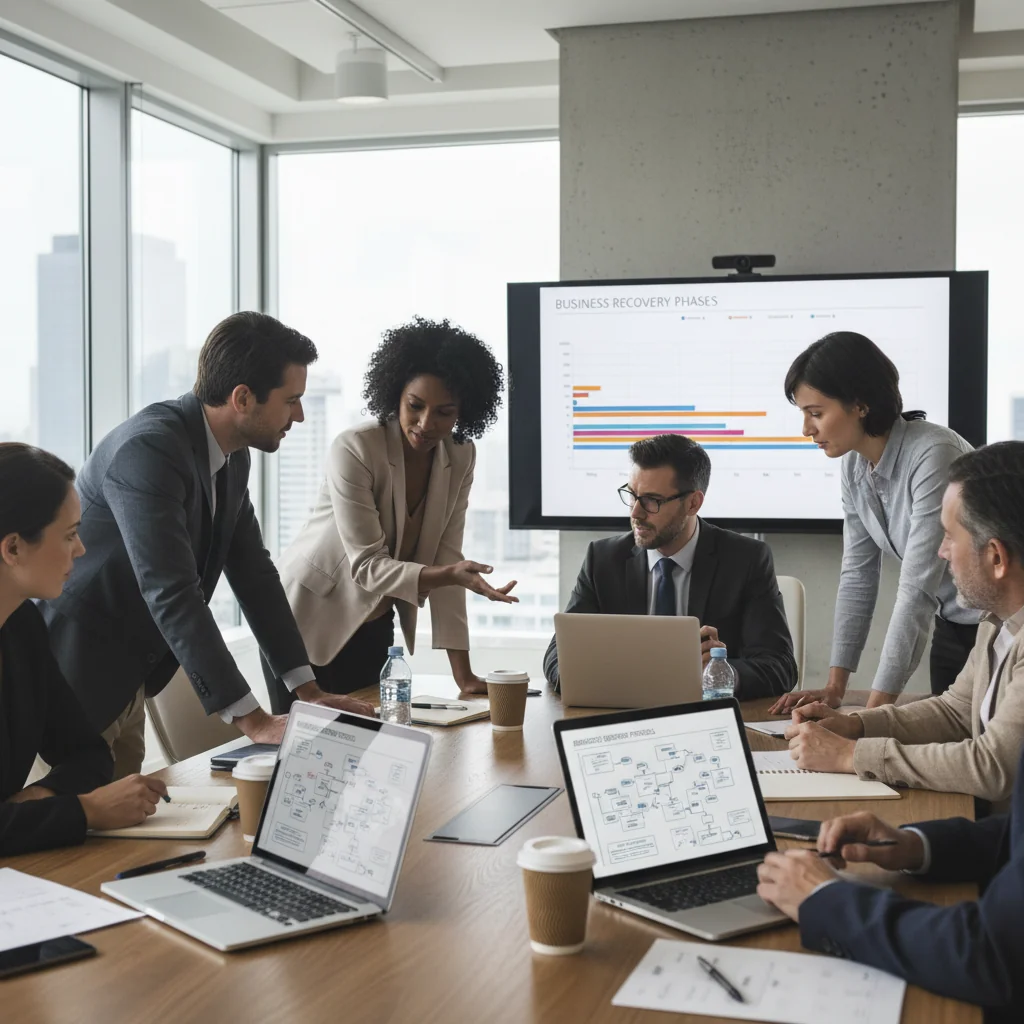 A photorealistic image depicting a professional team in a modern office collaboratively reviewing and planning emergency recovery strategies on large screens and documents, symbolizing preparedness and resilience in business continuity, with no children present.