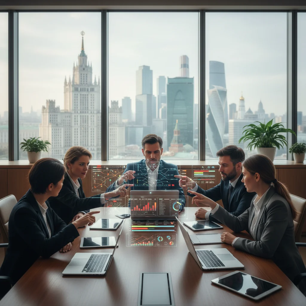 A photorealistic image depicting business continuity in a Russian corporate setting, showing a diverse team of adult professionals in a modern office collaboratively reviewing digital dashboards and contingency plans on large screens, symbolizing preparedness and resilience against disruptions, with subtle Russian elements like a view of Moscow skyline in the background, no children present.