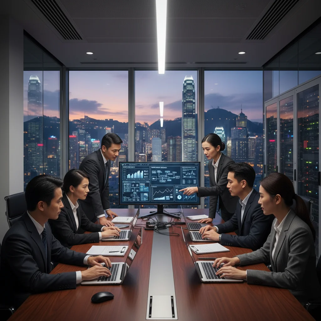 A photorealistic image depicting a diverse team of business professionals in a modern Hong Kong office, collaboratively reviewing digital recovery plans on large screens, with the iconic Hong Kong skyline visible through floor-to-ceiling windows, symbolizing resilience and strategic disaster recovery in a corporate setting.