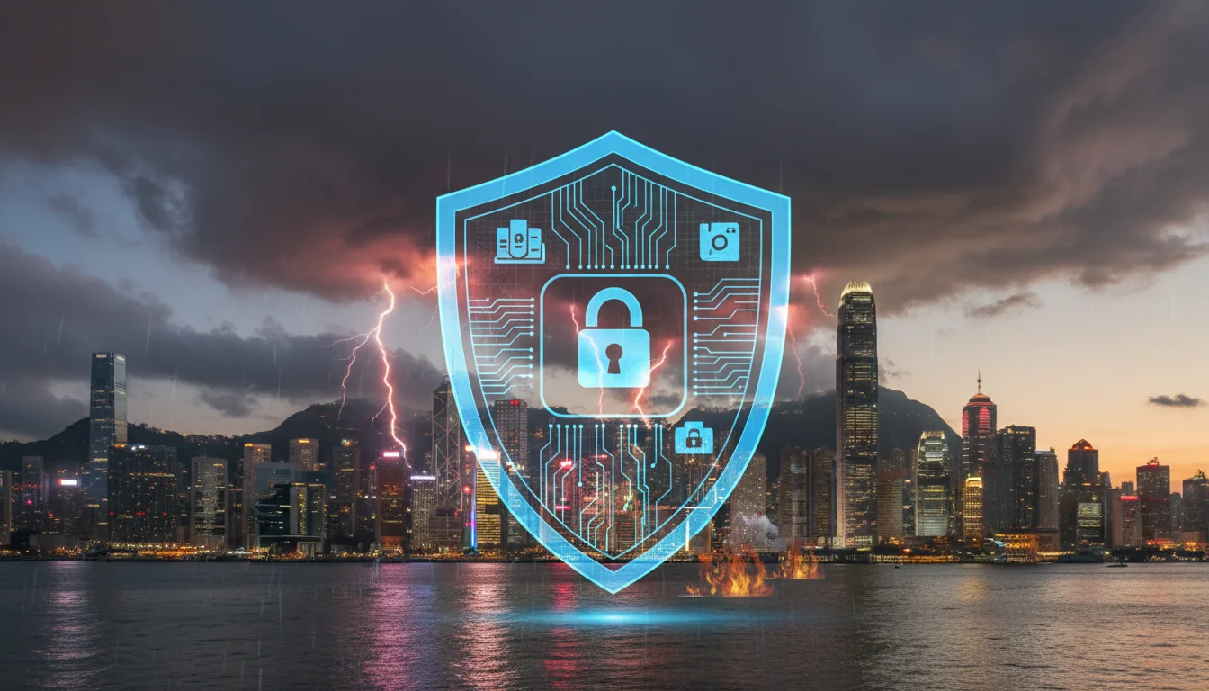 Cybersecurity shield protecting Hong Kong skyline.