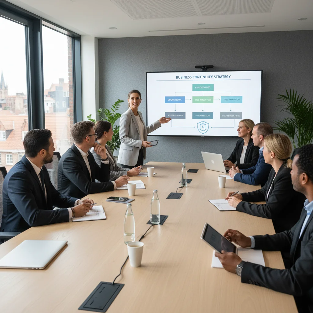 A photorealistic image of a professional business team in a modern Belgian office setting, collaboratively reviewing a continuity plan on a large screen, symbolizing business resilience and preparedness, with elements like the Belgian flag subtly in the background, no children present.