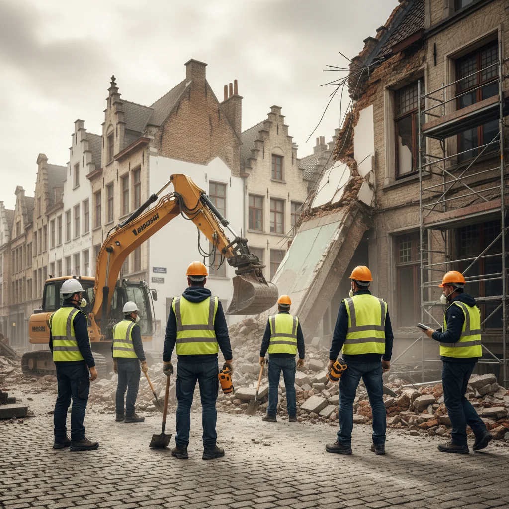 A photorealistic image depicting the aftermath of a disaster in Belgium, showing essential recovery steps such as professionals in safety gear assessing damage to a building, with Belgian landmarks like the Atomium in the background, conveying resilience and restoration efforts.