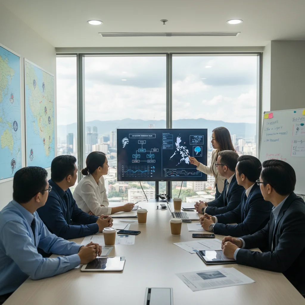 A photorealistic image depicting a team of adult professionals in a modern office in the Philippines reviewing a disaster recovery plan on a large screen, with subtle Philippine flags and urban skyline in the background, symbolizing preparedness and resilience against natural disasters like typhoons.