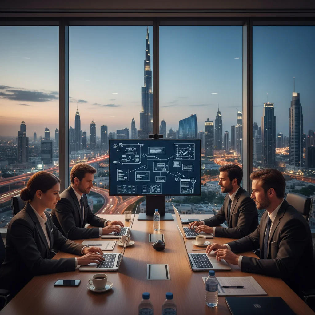 A photorealistic image depicting business continuity in Dubai, showing a diverse group of professional adults in a modern Dubai office overlooking the Burj Khalifa, engaged in a strategic planning meeting with laptops and charts, symbolizing resilience and preparedness for business disruptions, no children present.