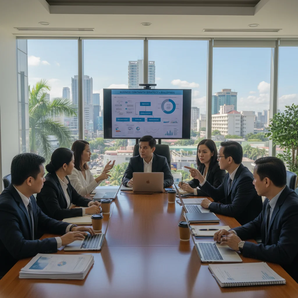 A photorealistic image of a diverse group of professional adults in a modern Philippine office setting, collaboratively reviewing a business continuity strategy on a digital screen, symbolizing preparedness and resilience against disruptions like natural disasters, with subtle Philippine elements such as a window view of Manila skyline or tropical foliage, conveying stability and forward-thinking business practices.
