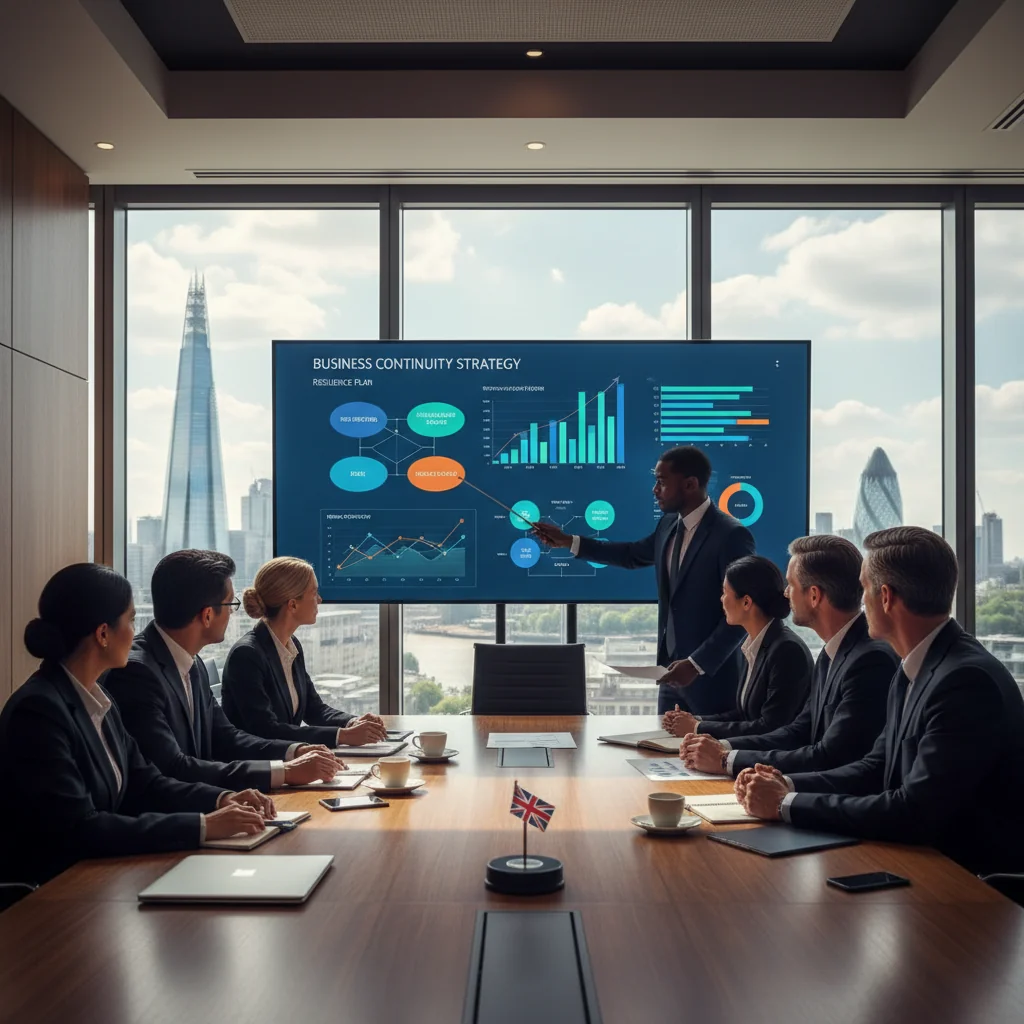 A photorealistic image depicting business professionals in a modern UK office setting, collaboratively reviewing continuity plans on a digital screen, symbolizing preparedness and resilience for business continuity, with elements like Union Jack flags or London skyline in the background to evoke the United Kingdom, no children present.