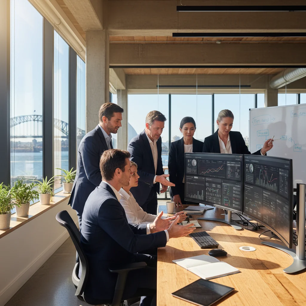 A photorealistic image symbolizing business continuity in an Australian context, featuring a diverse team of adult professionals in a modern office setting, reviewing digital dashboards and contingency plans on screens, with subtle Australian elements like a Sydney skyline view through the window, conveying resilience and preparedness against disruptions.