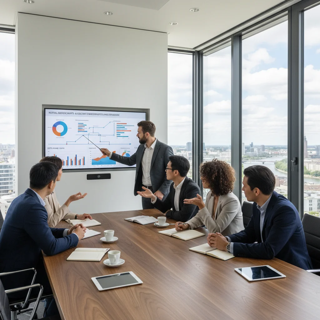 A photorealistic image depicting a professional team in a modern German office setting, collaboratively reviewing and preparing an emergency and recovery plan on a large digital screen, symbolizing preparedness and resilience in business continuity, with elements like a German flag subtly in the background, no children present.