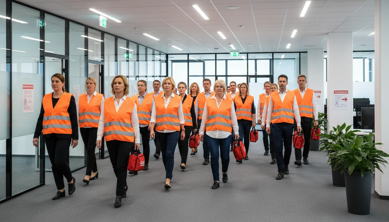 Office staff simulating disaster drill.