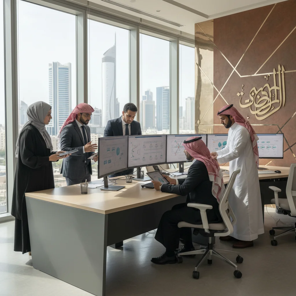 A photorealistic image depicting business continuity in Saudi Arabia, featuring a diverse group of adult professionals in a modern Saudi office setting, reviewing digital plans on screens, with subtle Saudi cultural elements like traditional architecture in the background, symbolizing resilience and preparedness in the business environment.