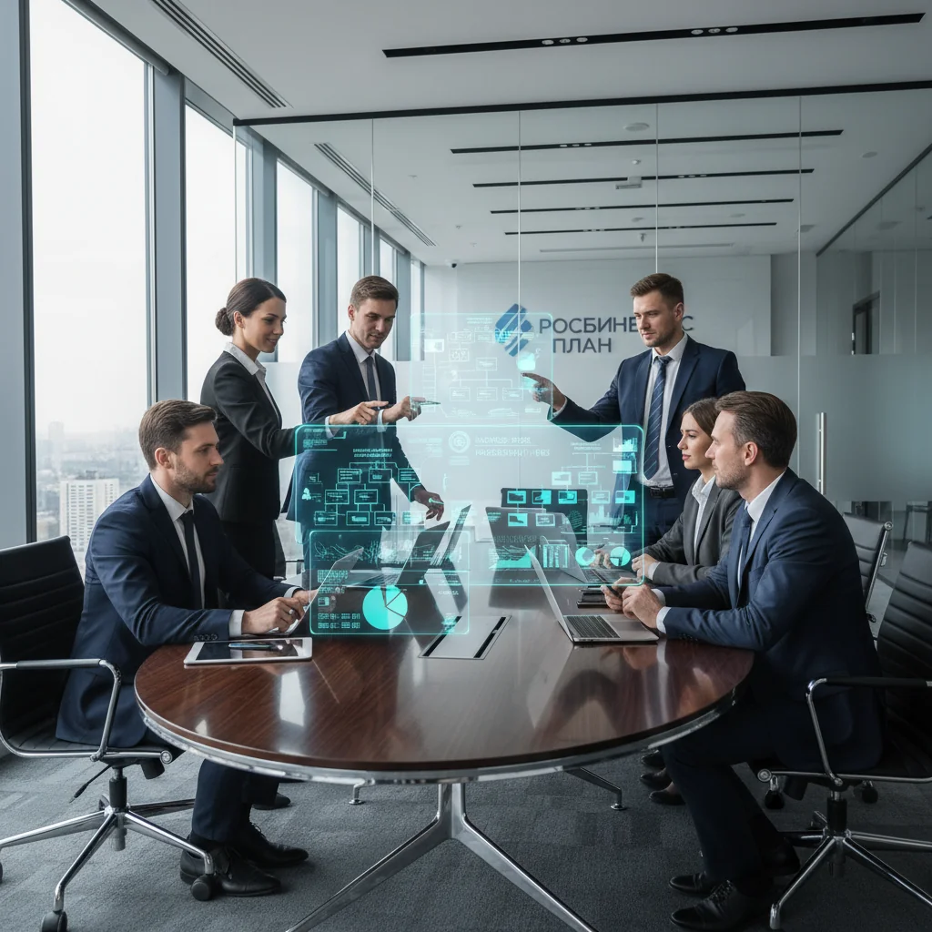 A photorealistic image depicting business continuity in a modern corporate setting, showing a diverse team of professionals in a high-tech office collaboratively reviewing digital dashboards and contingency plans on large screens during a simulated crisis, symbolizing preparedness and resilience in Russian business regulations, with no children present.