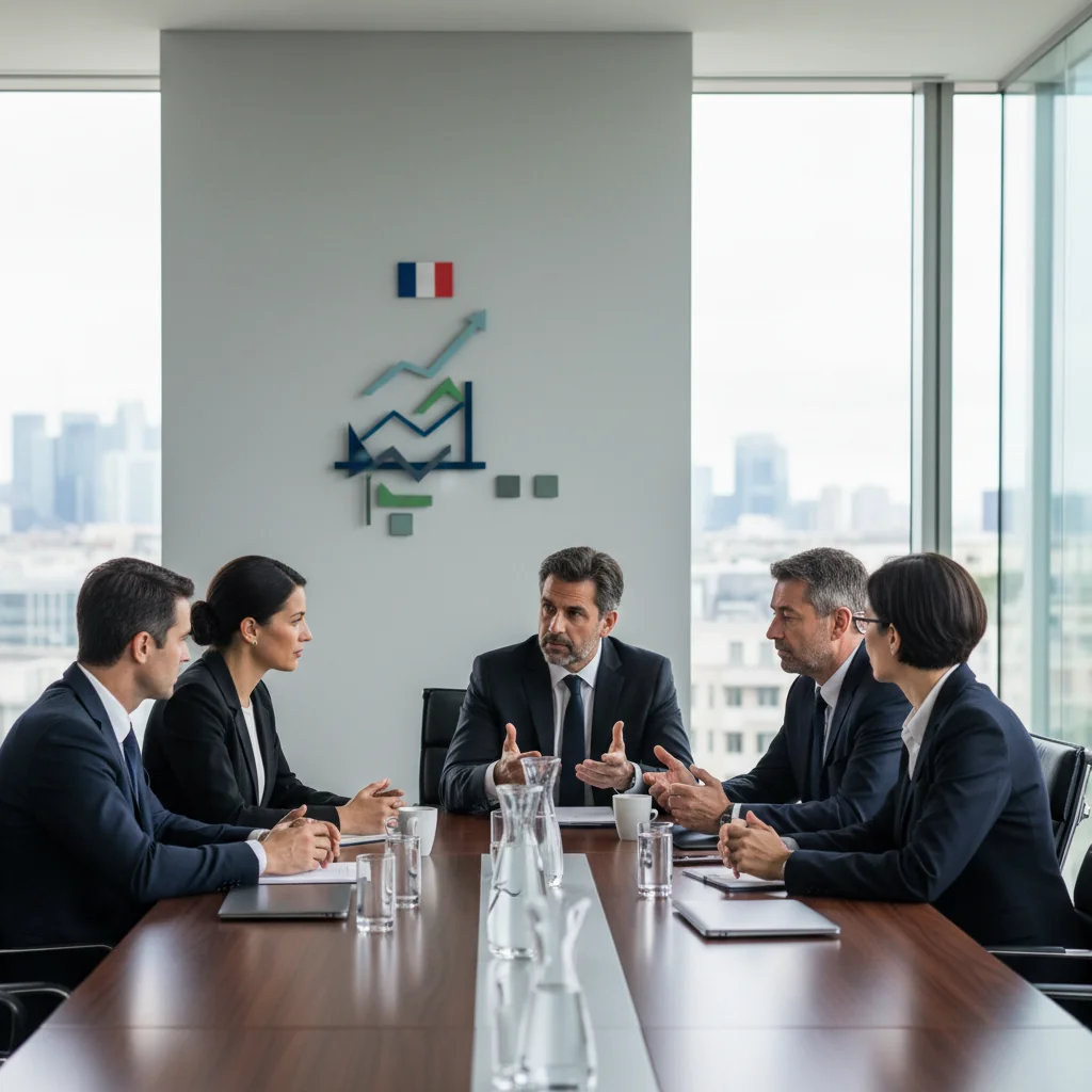 A photorealistic image of a professional business meeting in a modern French corporate office, featuring a diverse group of adult executives discussing legal compliance and corporate governance around a conference table with French flags and legal documents subtly in the background, emphasizing responsibility and obligations without focusing on any documents directly.