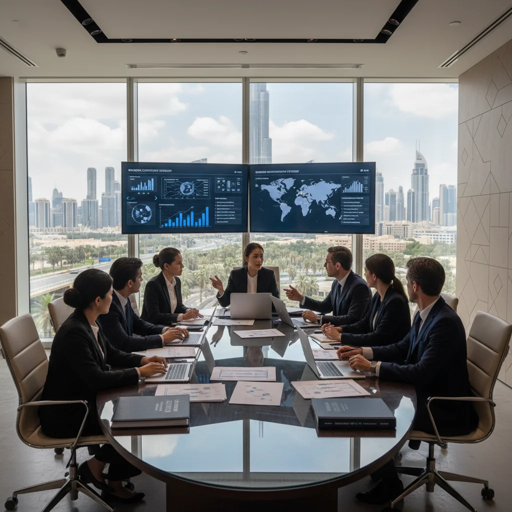 A photorealistic image of a diverse team of professional adults in a modern UAE office setting, collaboratively reviewing and planning business continuity strategies on digital screens, symbolizing resilience and recovery from disasters, with elements like UAE skyline in the background, no children present.