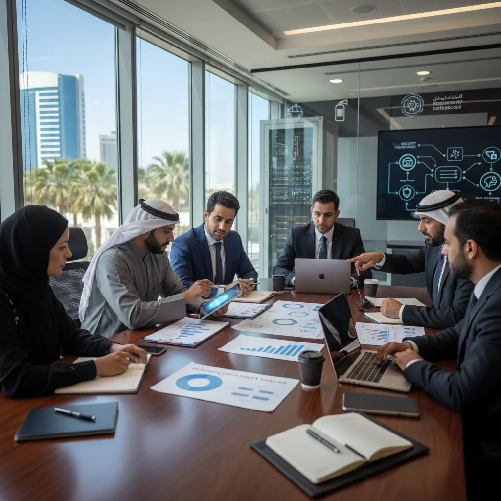 A photorealistic image of a professional business team in a modern Saudi Arabian office, collaboratively reviewing recovery plans on digital screens and documents, symbolizing business continuity and disaster recovery strategies, with elements like backup servers and secure data centers in the background, ensuring resilience against disruptions.