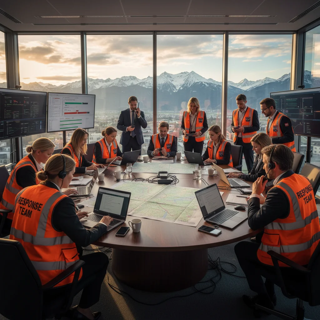 A photorealistic hero image depicting a professional emergency response team in Austria coordinating disaster recovery efforts in a corporate setting, such as a modern office building during a simulated crisis drill, with elements like maps, communication devices, and calm, focused adults ensuring business continuity after a catastrophe, no children present.