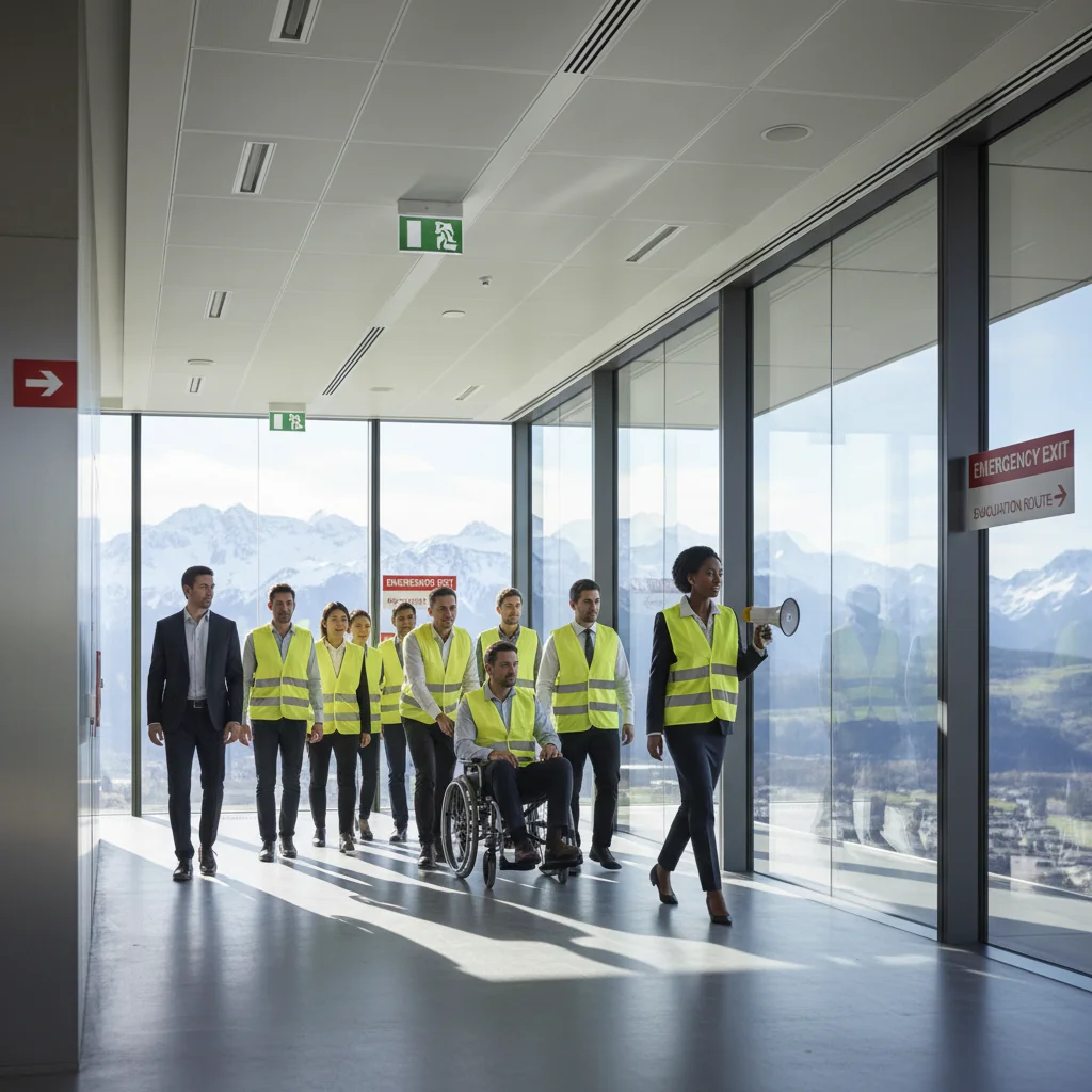A photorealistic image of a professional emergency response team in a modern Swiss corporate office, conducting a well-organized evacuation drill, with employees calmly following safety procedures, Swiss Alps visible through large windows in the background, emphasizing preparedness and safety without showing any documents or children.