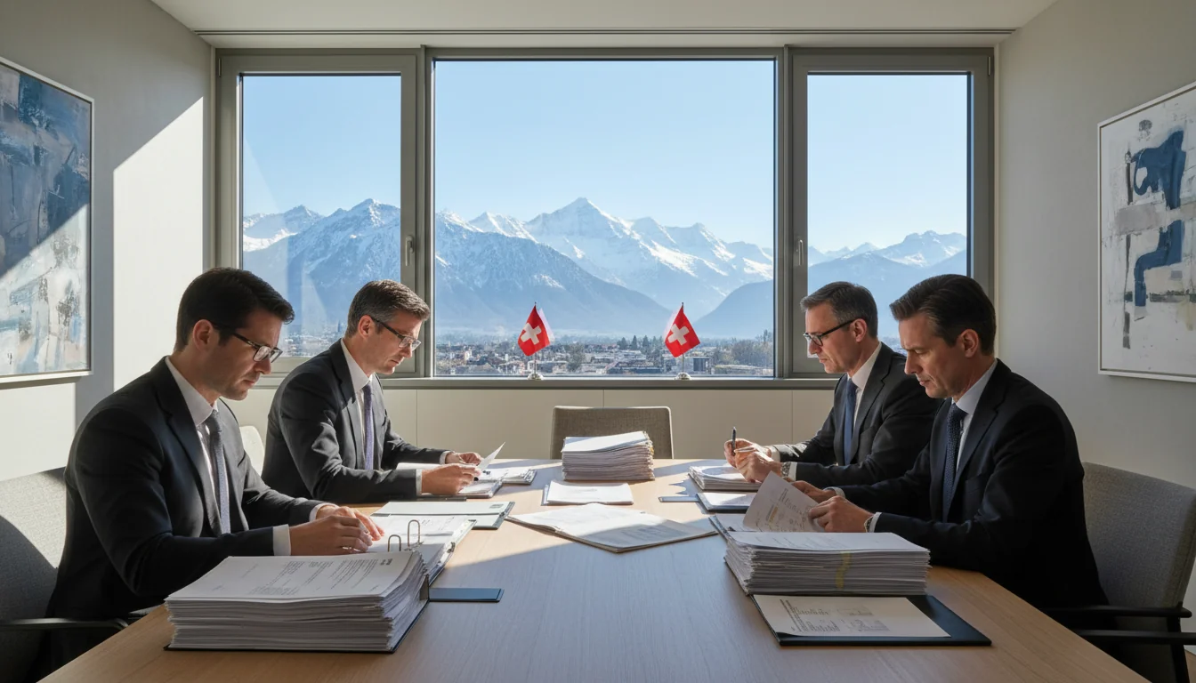 Swiss corporate office with documents