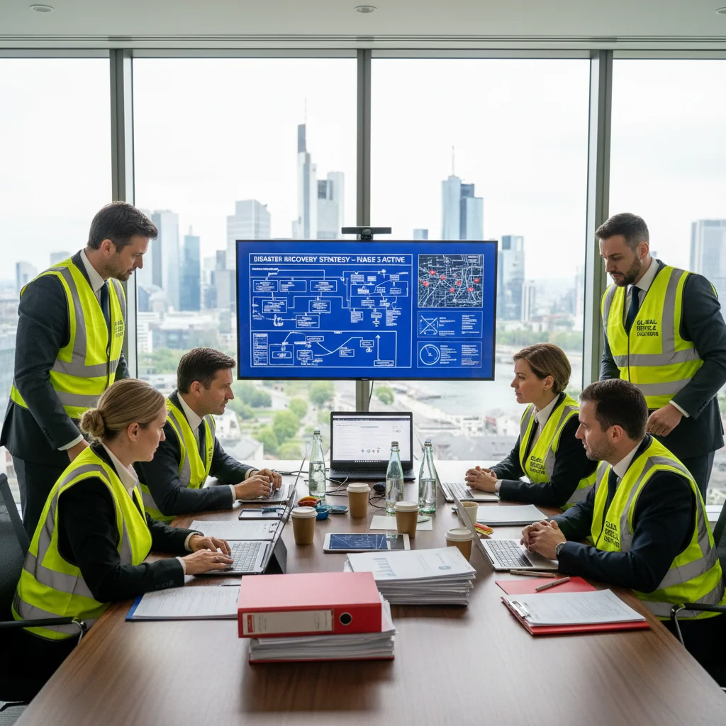 A photorealistic image of a professional corporate emergency response team in a modern German office building, conducting a simulated disaster recovery drill. The scene shows diverse adult professionals in business attire, coordinating around a conference table with laptops and maps, looking focused and prepared, with subtle German flag elements in the background to evoke reliability and national context. No children are present. The image is entirely photorealistic, not a graphic, drawing, or illustration.