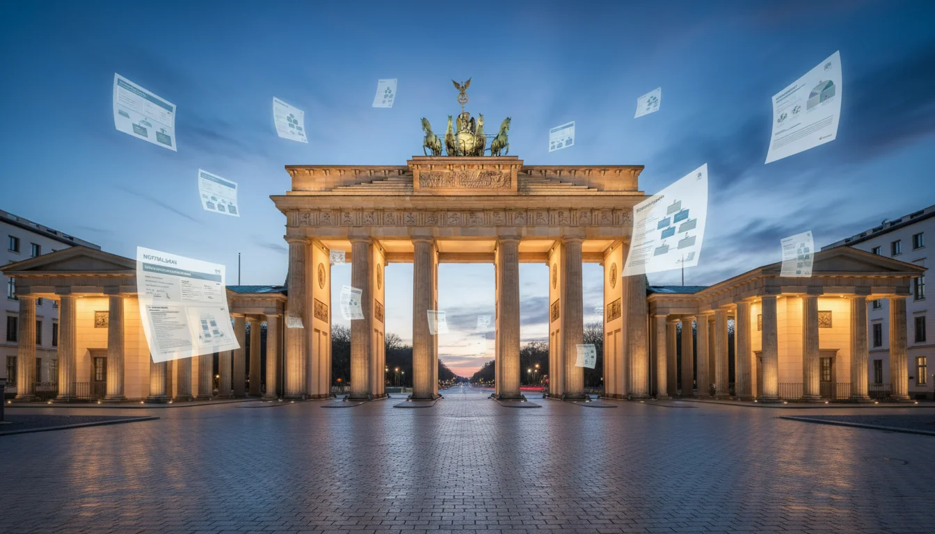 Iconic Brandenburg Gate with business overlay.