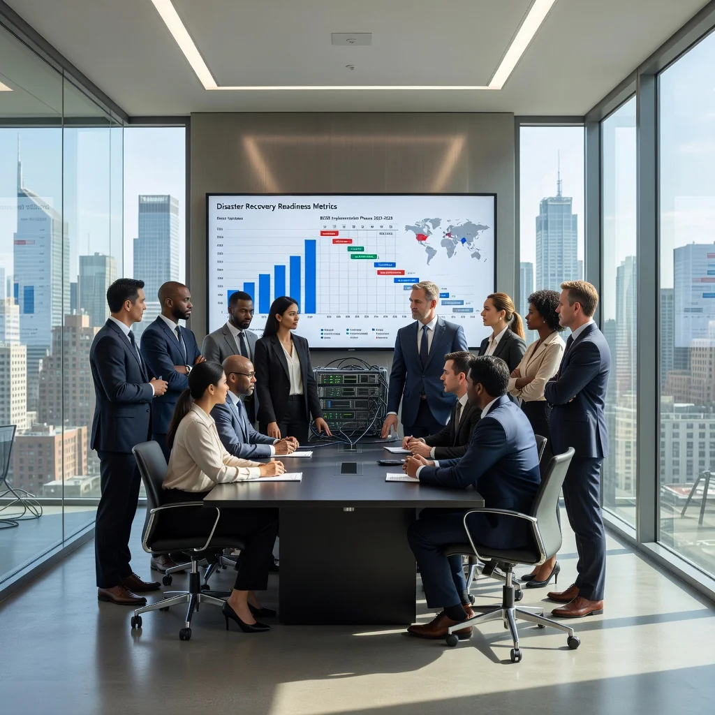 A photorealistic image depicting business professionals in a modern corporate office collaboratively reviewing a disaster recovery plan on a large screen during a continuity meeting, symbolizing preparedness and resilience in the face of potential disruptions, with no children present.
