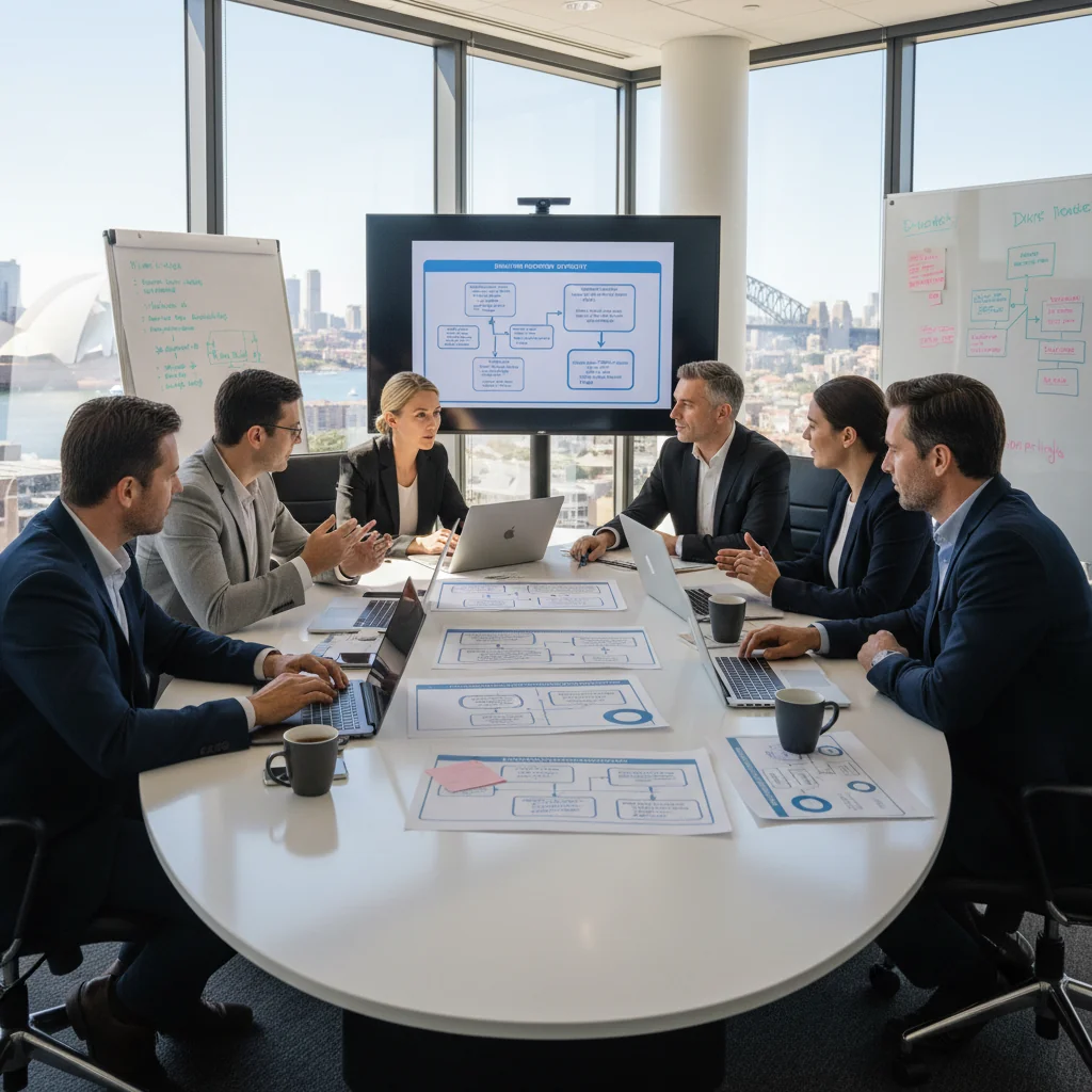 A photorealistic image depicting business resilience in an Australian corporate setting, showing a diverse team of professionals in a modern office reviewing recovery strategies on a digital screen during a simulated crisis, with elements like Australian city skyline in the background, emphasizing preparedness and continuity without focusing on documents.