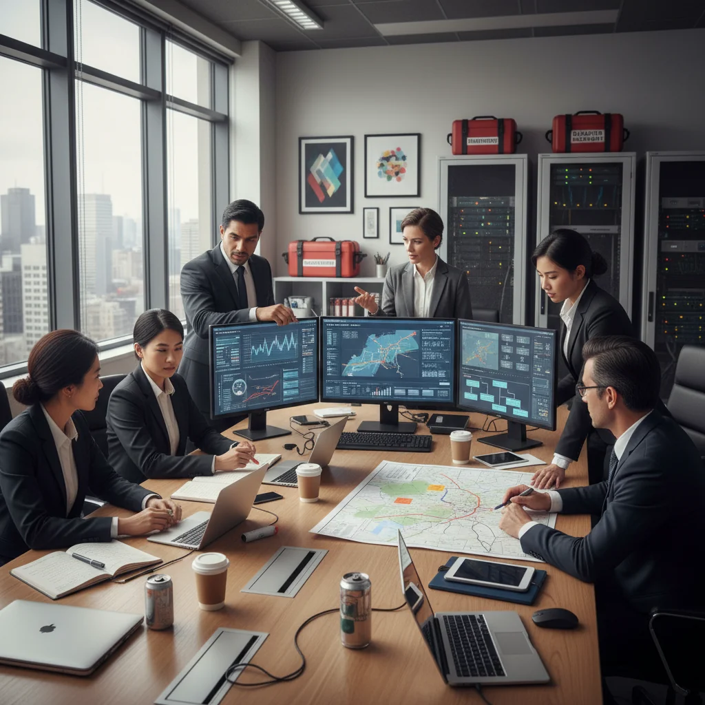 A photorealistic image depicting business continuity and disaster recovery in a Canadian corporate setting, showing professionals in a modern office collaboratively reviewing recovery strategies on large screens after a simulated disaster, with elements like backup servers and emergency plans in the background, emphasizing resilience and preparedness without focusing on documents.