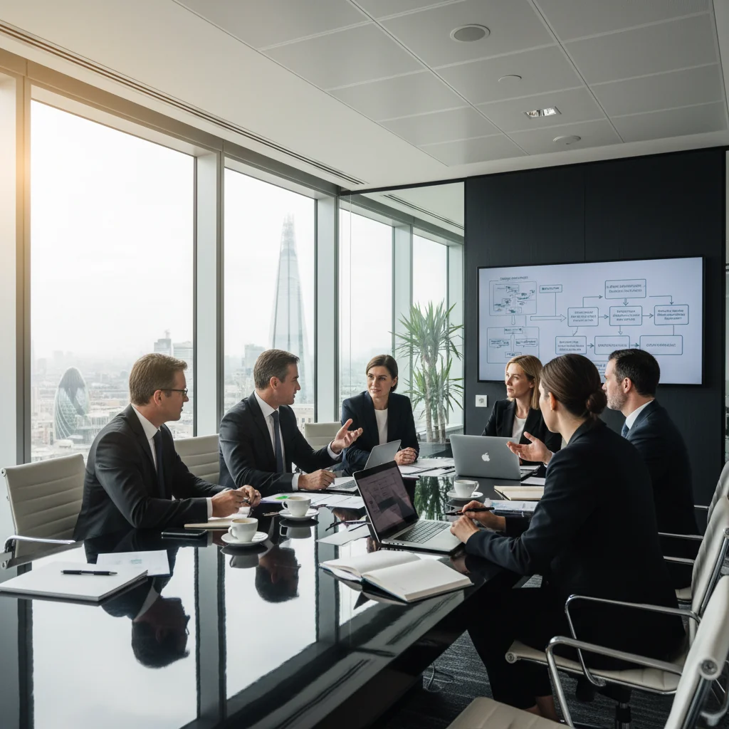 A photorealistic image depicting business continuity in a corporate setting in the United Kingdom, showing a diverse team of professionals in a modern office collaboratively reviewing plans on a large digital screen, with elements like a Union Jack flag subtly in the background, conveying resilience and preparedness without focusing on documents.