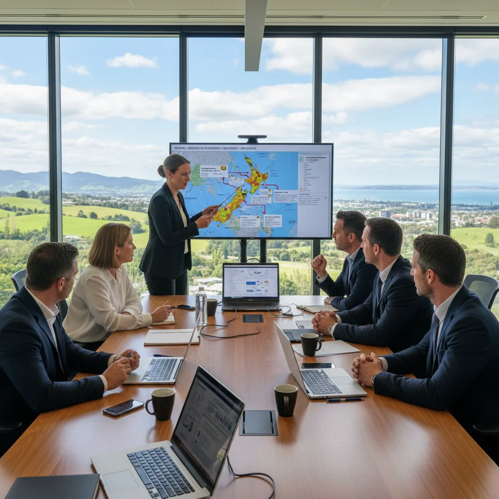 A photorealistic image depicting business continuity and disaster recovery in a New Zealand corporate setting, showing a diverse team of professionals in a modern office collaboratively reviewing digital plans on laptops and screens during a simulated recovery scenario, with subtle New Zealand elements like a view of Auckland skyline or native flora in the background, conveying preparedness and resilience without focusing on documents.
