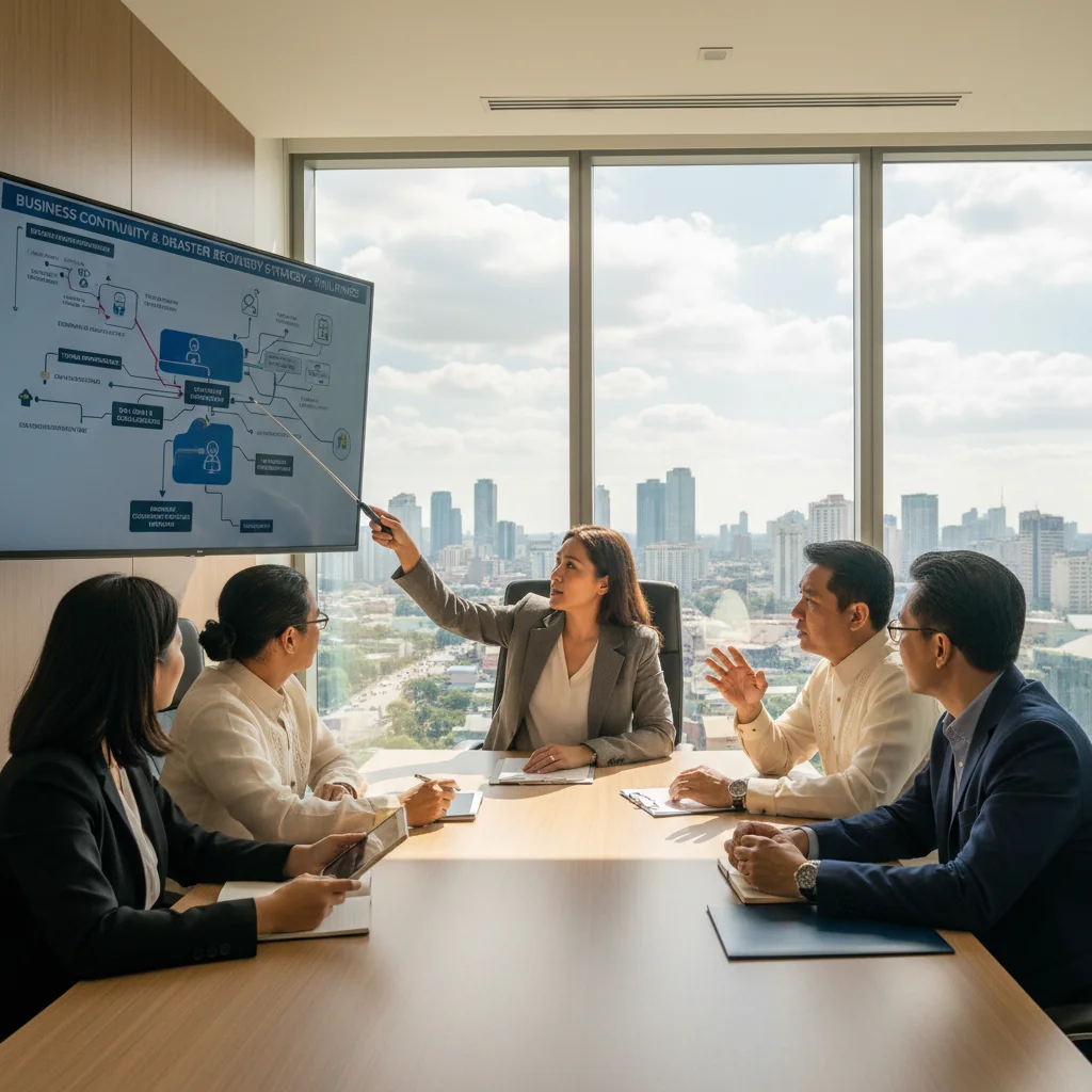 A photorealistic image depicting business professionals in a modern Philippine office setting, collaboratively reviewing a disaster recovery plan on a large screen, symbolizing preparedness and continuity in the face of potential disruptions, with elements like a cityscape view of Manila in the background to represent the local corporate context.