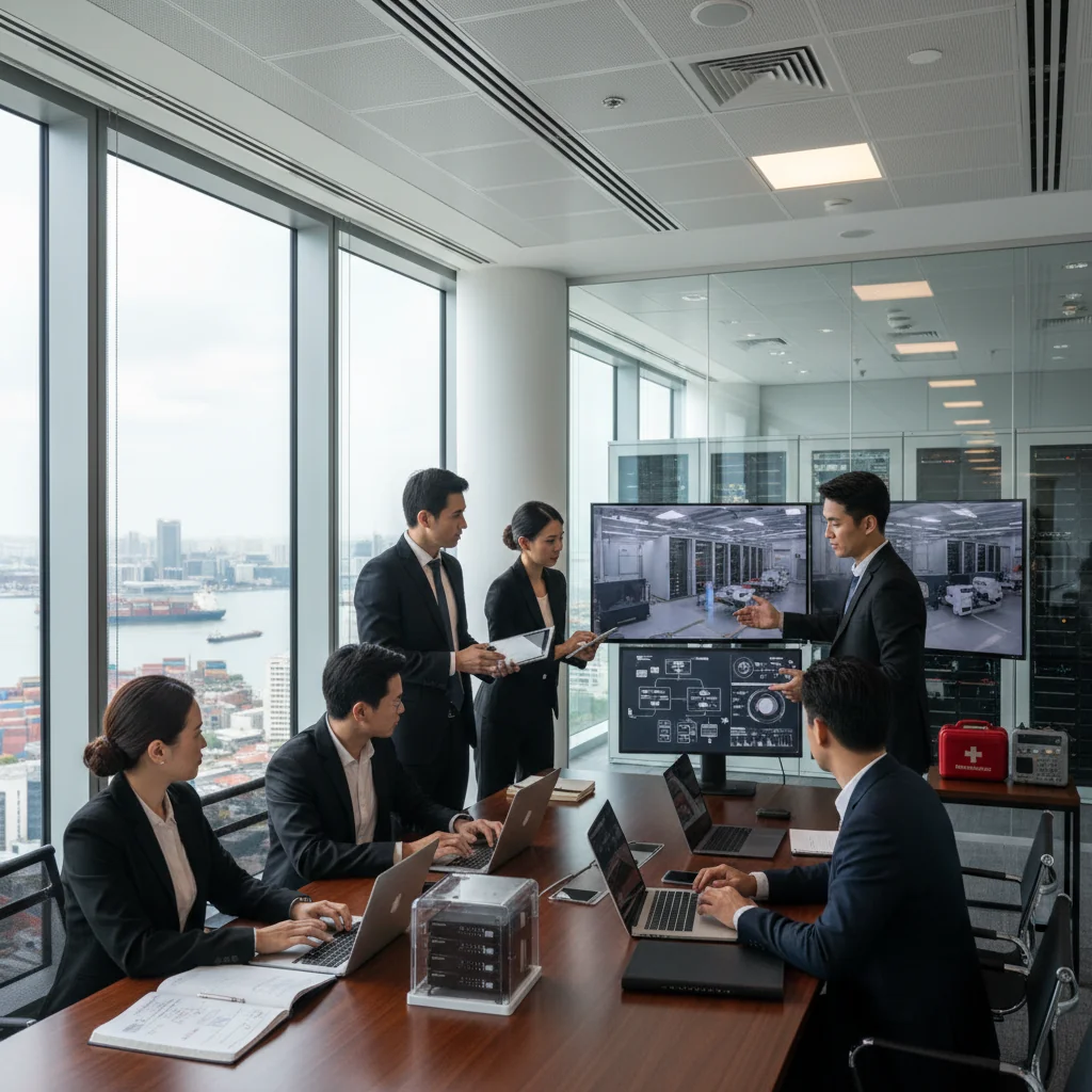 A photorealistic image depicting business continuity and disaster recovery in a modern Singapore corporate office setting, showing a diverse team of professionals calmly reviewing digital recovery plans on laptops during a simulated crisis, with elements like backup servers and city skyline in the background, conveying resilience and preparedness.