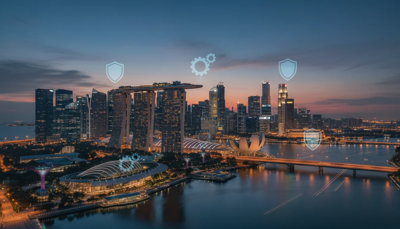 Singapore skyline with resilience icons