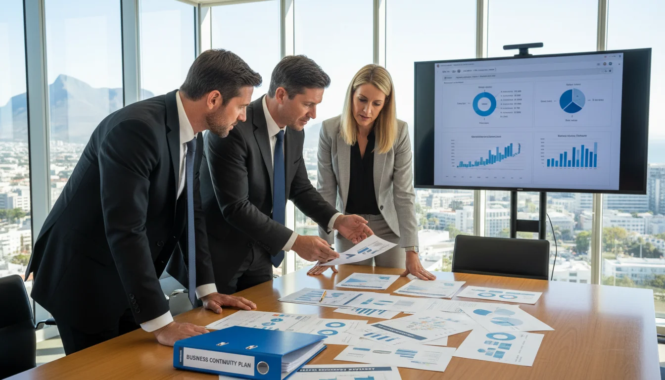 Business professionals reviewing BCP documents