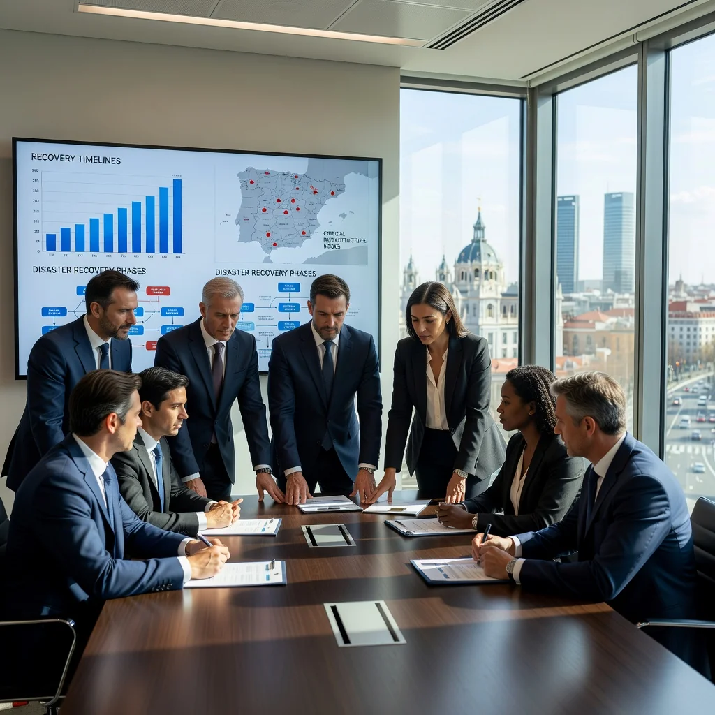 A photorealistic image representing business continuity and disaster recovery in a corporate setting in Spain, showing a diverse team of professionals in a modern office collaboratively reviewing recovery strategies on a large digital screen, with subtle Spanish elements like a flag or architecture in the background, conveying resilience and preparedness without focusing on documents.