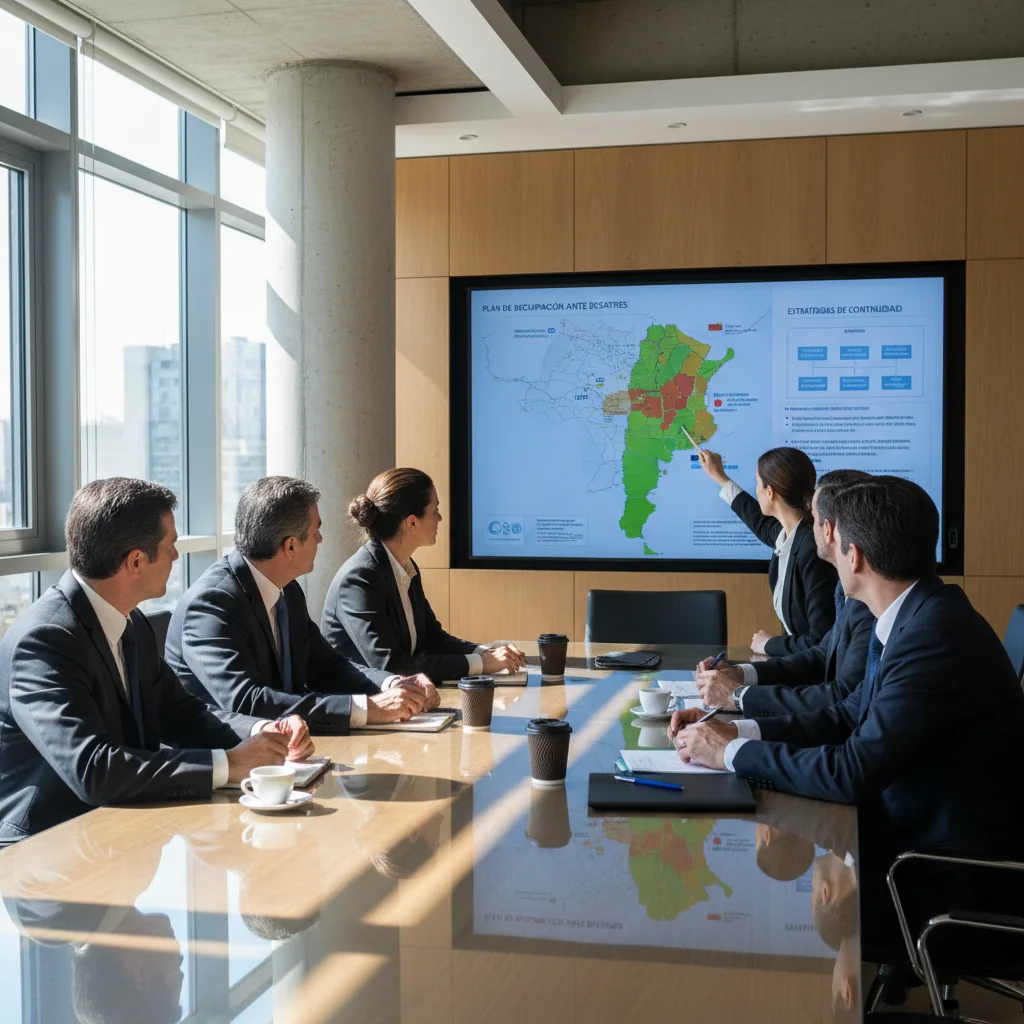 A photorealistic image of a modern corporate office in Buenos Aires, Argentina, showing a diverse team of adult professionals in a meeting room, collaboratively reviewing a business continuity plan on a large screen, with elements of resilience like reinforced windows suggesting disaster preparedness, no children present, emphasizing recovery and continuity in a business setting.