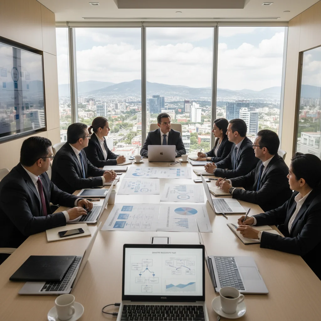 A photorealistic image of a diverse team of Mexican business professionals in a modern conference room in Mexico City, collaboratively reviewing a business continuity plan on a large digital screen, with subtle elements like a Mexican flag in the background and city skyline view, symbolizing preparedness and recovery from disasters in a corporate setting. No children are present.