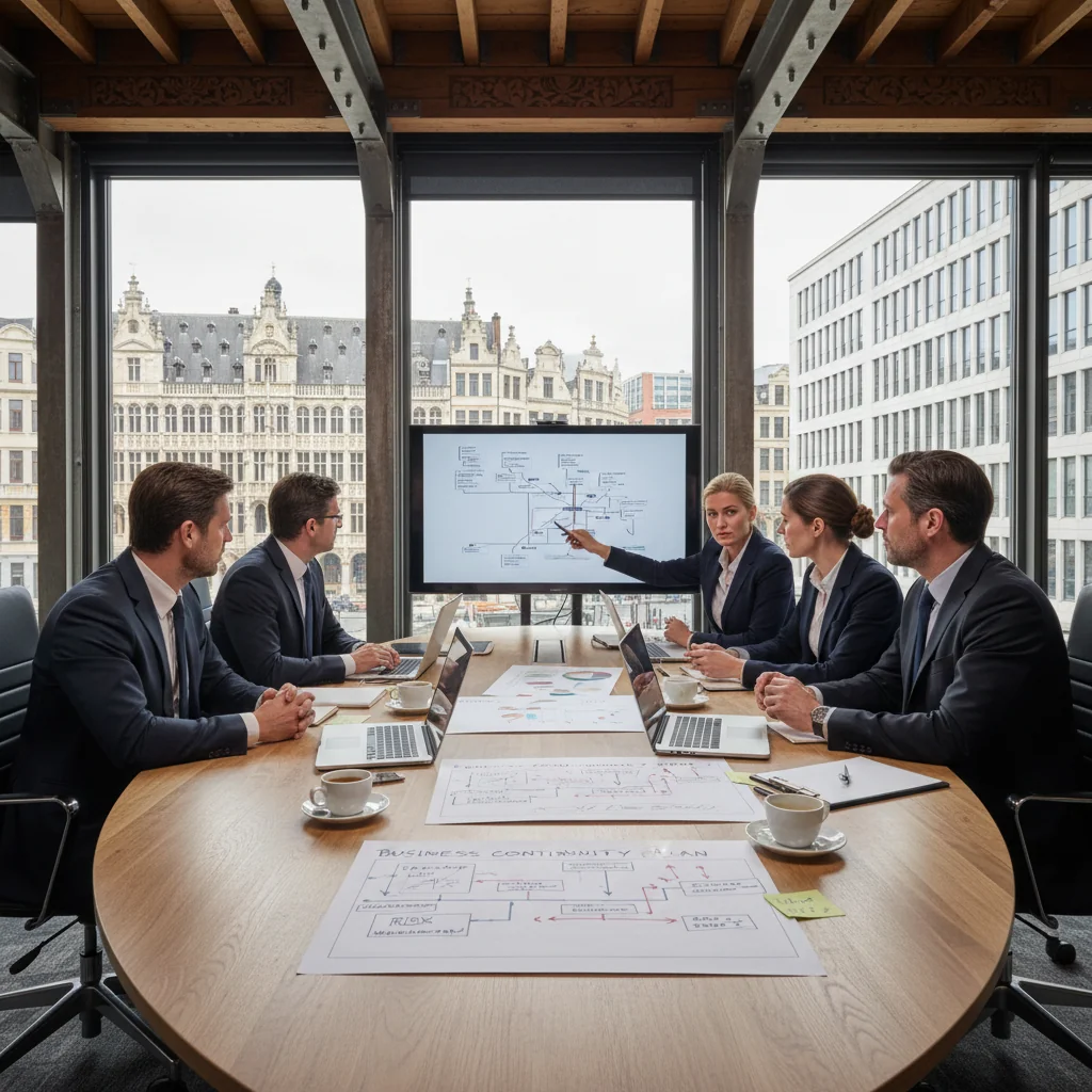A photorealistic image depicting business continuity and disaster recovery in a corporate setting in Belgium, showing a diverse team of professionals in a modern office collaboratively reviewing recovery strategies on a digital screen, with subtle Belgian elements like a flag or Brussels skyline in the background, conveying resilience and preparedness, no children present.