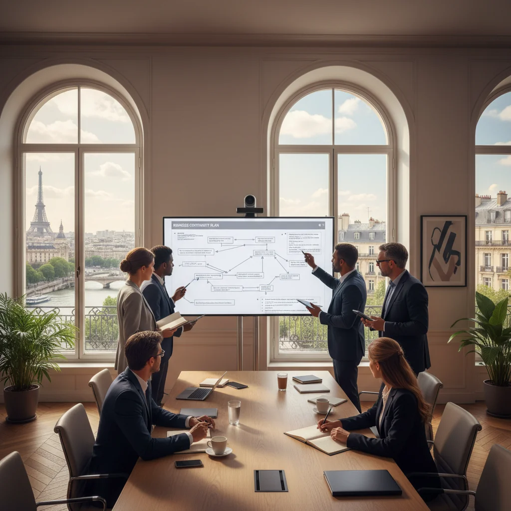 A photorealistic image representing business continuity planning in a French corporate setting, showing a diverse team of professionals in a modern office collaboratively reviewing strategies on a digital board, with subtle French elements like a flag or Eiffel Tower view in the background, conveying resilience and preparedness without focusing on documents.