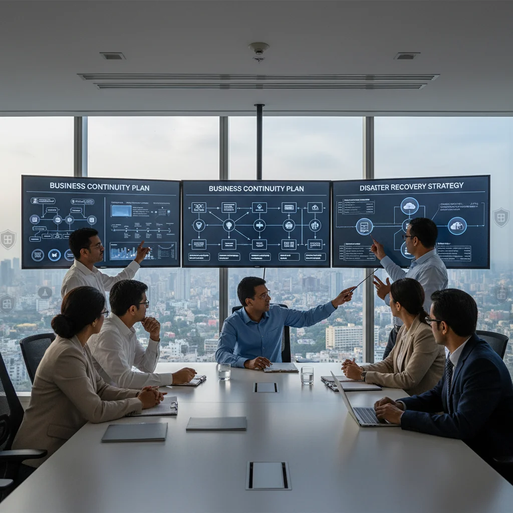 A photorealistic image depicting business continuity and disaster recovery in a corporate setting in India. Show a diverse team of adult professionals in a modern office, collaboratively reviewing recovery plans on laptops and tablets during a simulated crisis, with elements like backup servers and recovery charts in the background, emphasizing resilience and preparedness. No children or text in the image.
