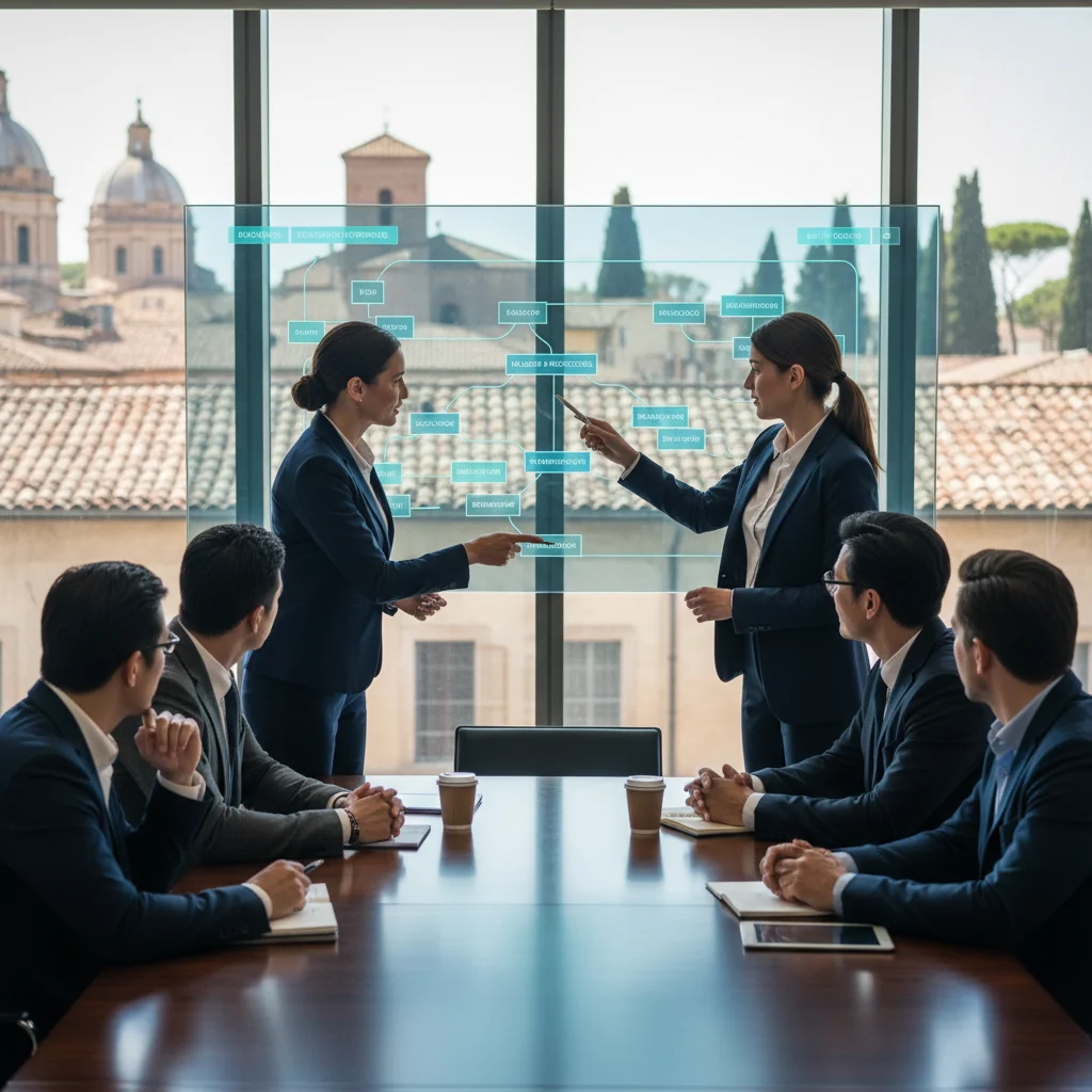 A photorealistic image of a professional business team in a modern corporate office in Italy, collaboratively reviewing disaster recovery plans on a large screen during a continuity operations meeting, with subtle Italian elements like a map of Italy in the background, conveying preparedness and resilience against business disruptions.