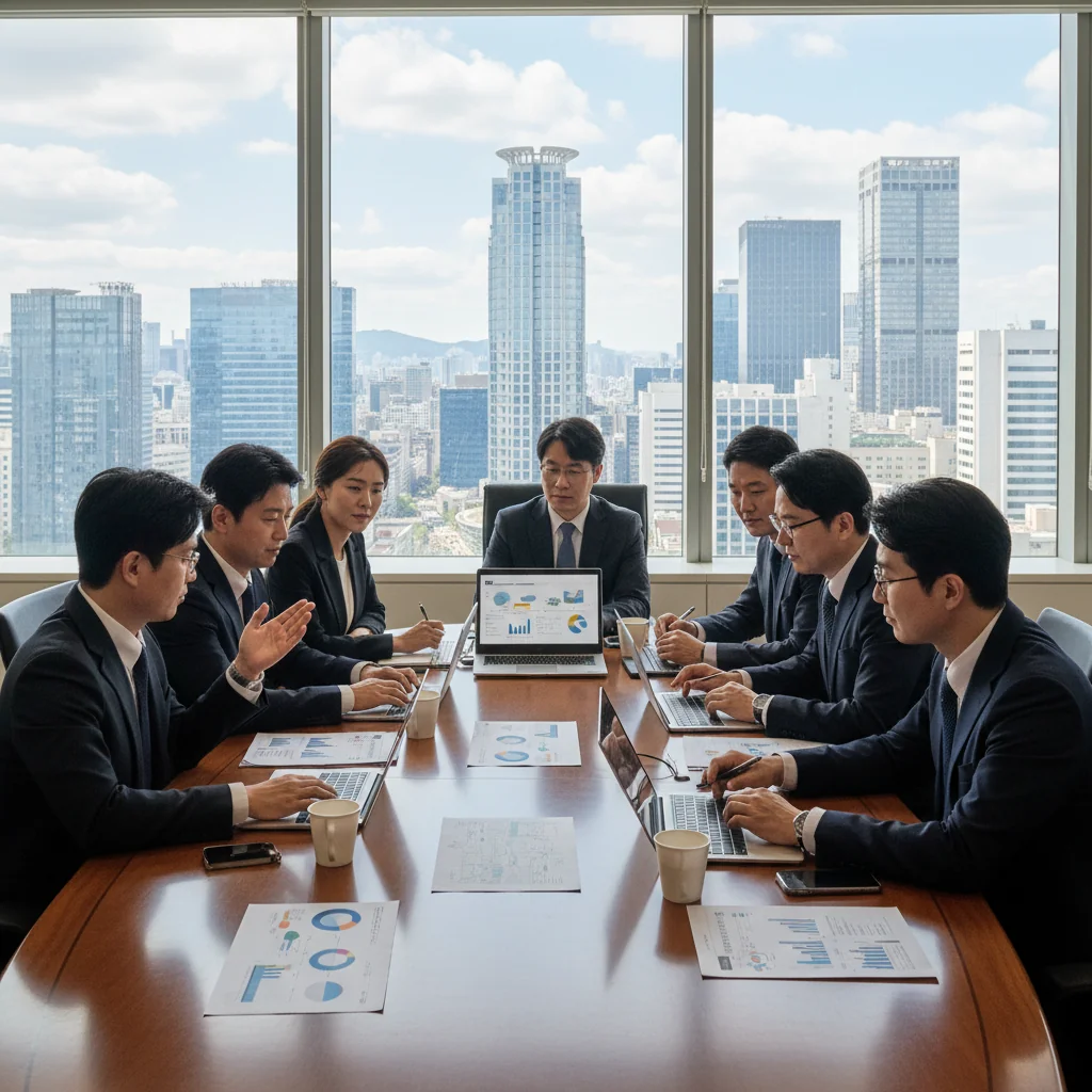 A photorealistic image of a modern corporate office in South Korea during a simulated business continuity drill, showing diverse adult professionals in business attire calmly working at computers, reviewing digital plans on screens, and coordinating recovery strategies, with subtle South Korean elements like a city skyline view through windows, conveying resilience and preparedness against disasters, no children present.
