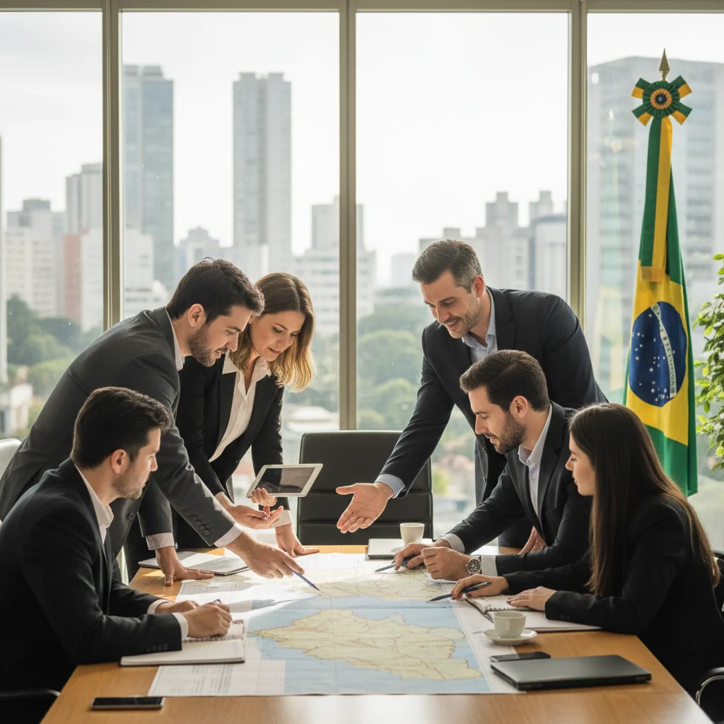 A photorealistic image of a diverse team of professionals in a modern Brazilian office setting, collaboratively reviewing a business continuity plan on a large screen, symbolizing preparedness and resilience against disasters, with elements like a city skyline in the background representing urban Brazil, no children present.