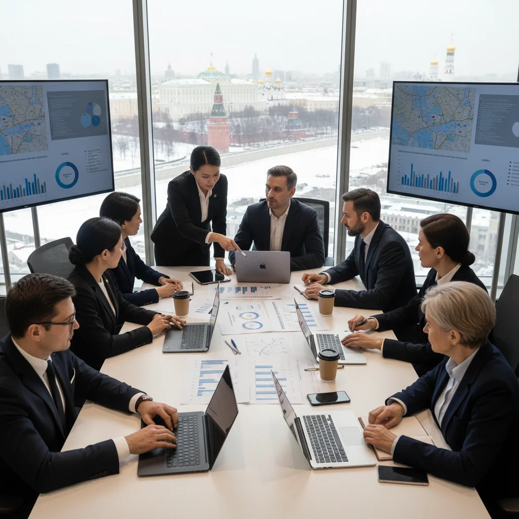 A photorealistic image depicting business continuity and disaster recovery in a corporate setting in Russia, showing a diverse team of professionals in a modern office reviewing recovery plans on laptops during a simulated crisis, with subtle Russian elements like a city skyline in the background, conveying preparedness and resilience, no children present.
