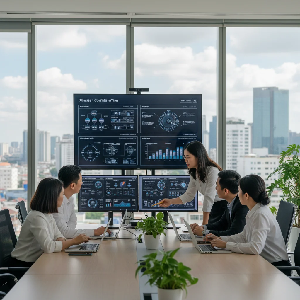 A photorealistic image of a diverse team of Vietnamese business professionals in a modern corporate office in Vietnam, collaboratively reviewing digital plans on multiple screens and laptops, symbolizing business continuity and disaster recovery strategies, with subtle Vietnamese cityscape visible through large windows, conveying preparedness and resilience in a professional setting.