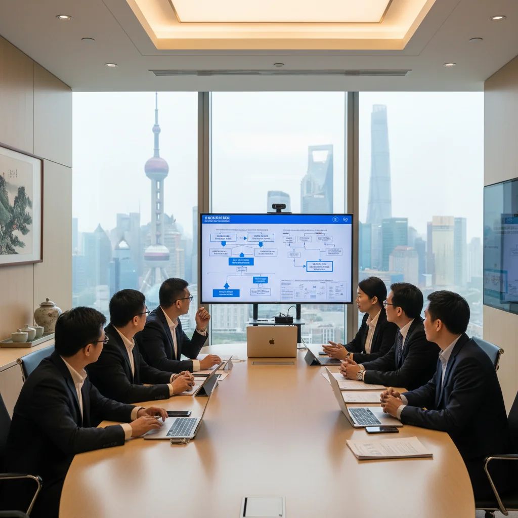 A photorealistic image of a diverse team of professionals in a modern corporate office in China, collaboratively reviewing digital dashboards and recovery plans on multiple screens during a simulated business continuity exercise, conveying resilience and preparedness against disasters, with subtle Chinese architectural elements in the background, no children present.