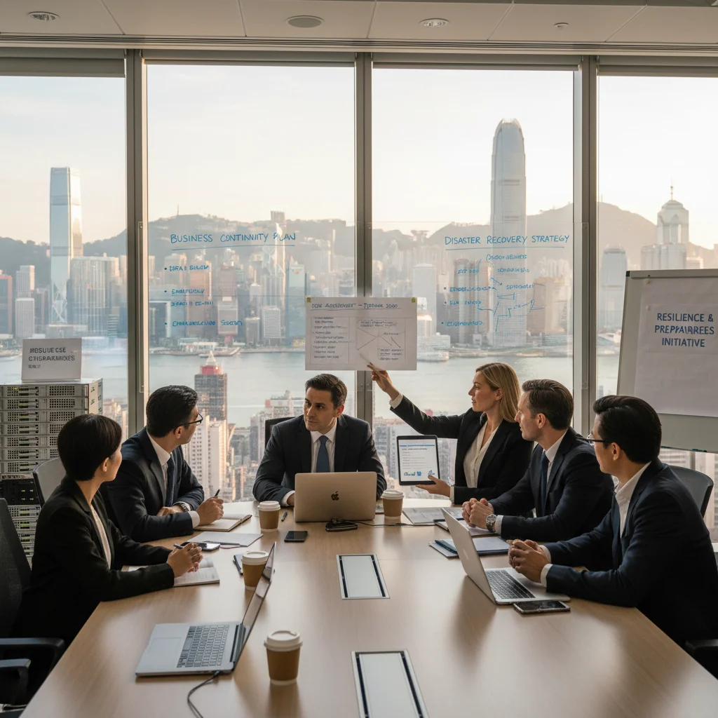 A photorealistic image depicting business continuity and disaster recovery in a Hong Kong corporate setting, showing professionals in a modern office reviewing recovery plans during a simulated crisis, with city skyline in the background, no children present.